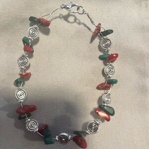 Green Malachite Red Coral Wire Wrap Beaded Bracelet Handmade Red Green Silver